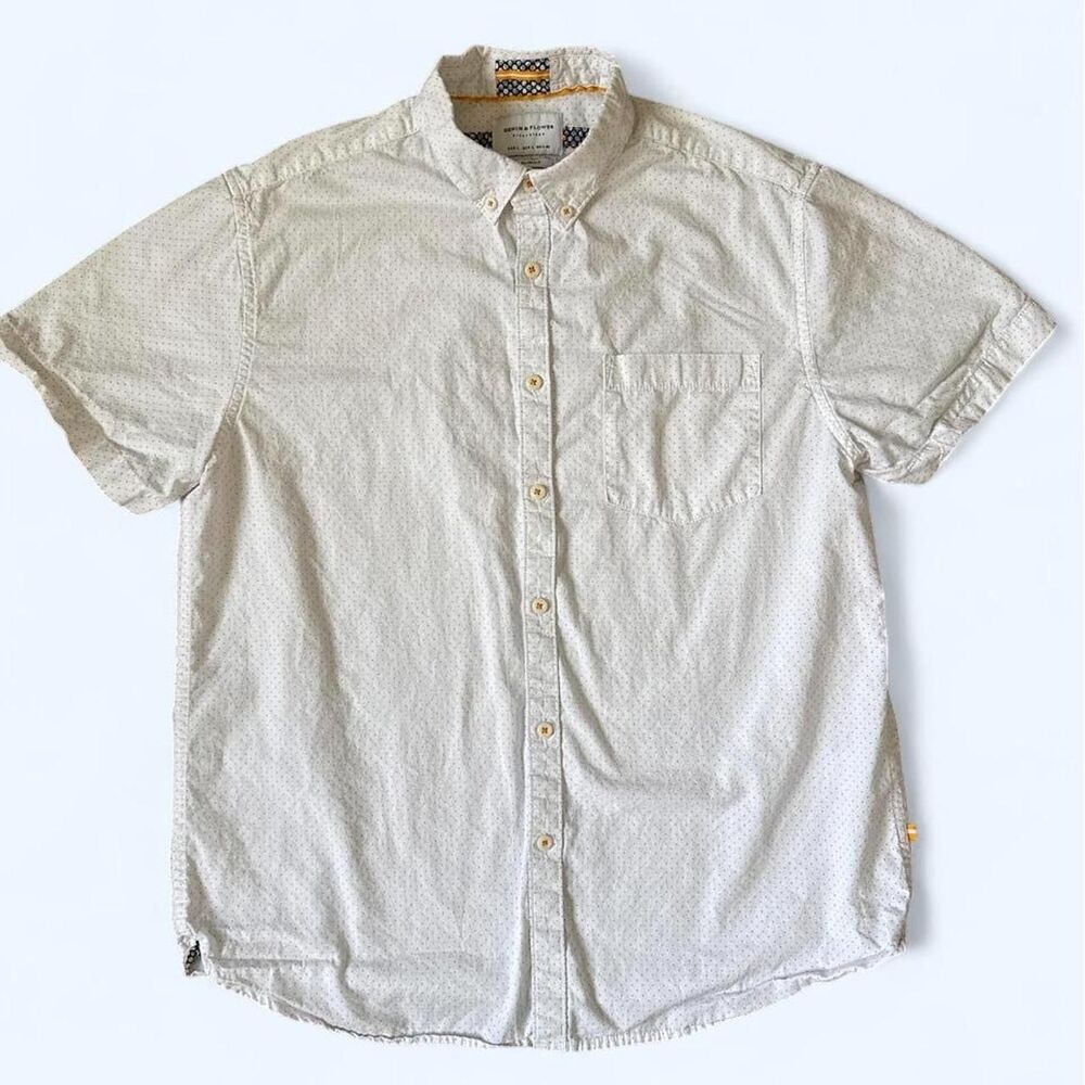 Denim & Flower Ricky Singh Men’s White Polka Dot Short Sleeve Shirt Size L